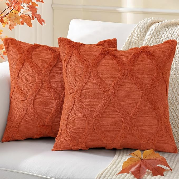 decorUhome Fall Throw Pillow Covers 24x24 Inch Set of 2, Soft Plush Faux Fur Wool Rust Couch Pillow Covers, Decorative Neutral Pillow Cases for Bed Sofa Living Room Home Decor