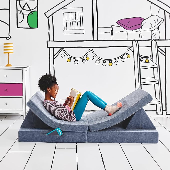 Yourigami Kids and Toddler Play Couch, Convertible Folding Sofa, Durable Foam Modular Design, Blue Lagoon