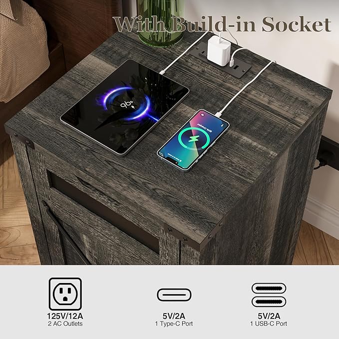 Farmhouse End Table Set of 2 with Charging Station, 26.4" Tall Rustic Nightstand with Drawer and X Barn Door, Country Bedside Sofa Side Table for Living Room, Dark Brown