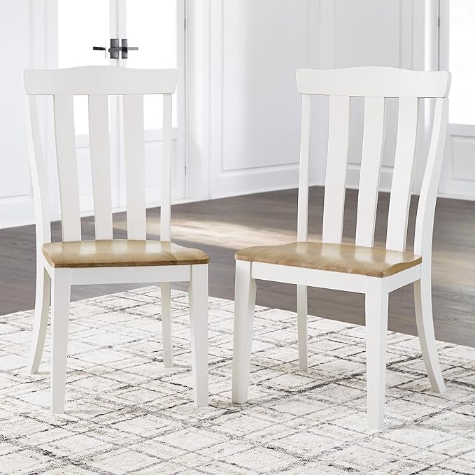 Signature Design by Ashley Ashbryn Farmhouse Armless Dining Chair with Bent Slat Back, Set of 2, White & Light Brown
