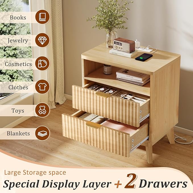 LYNCOHOME Fluted Nightstand Set of 2 with Charging Station, 19.7 inch Wide with 2 Drawers, Modern Wood Bedside Table for Bedroom, Natural