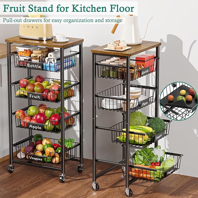 Kitchen Storage Cart with Wheels, 5-Tier Metal Utility Rolling Cart Fruit Vegetable Storage Basket Pantry Rack with Wood Top & Pull Out Baskets for Kitchen, Livingroom, Diningroom, Office