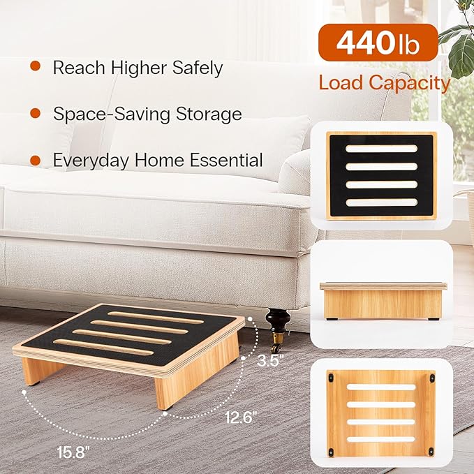 StrongTek 3.5" One Step Stool for Adults, Sturdy Wooden Riser with Non-Slip Rubber Top, 440 lb Capacity, No Assembly Required, Portable for Kitchen, Bathroom, Bedside, Kids & Seniors