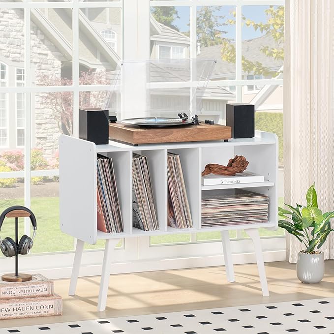 Lerliuo Record Player Stand with 4 Cabinet Holds Up to 220 Albums, Large Turntable Stand with Beech Wood Legs, Mid-Century Record Player Table,White Vinyl Holder Storage Shelf for Bedroom Living Room