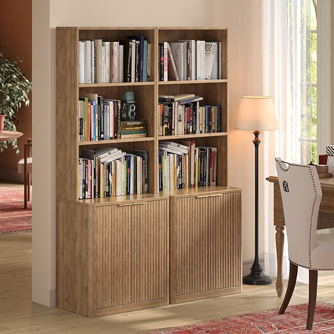 71" Oak Bookcase with Doors, 5-Tier Fluted Tall Bookshelf with Storage, Librero with Cabinet for Home Office, Living Room,or Bedroom