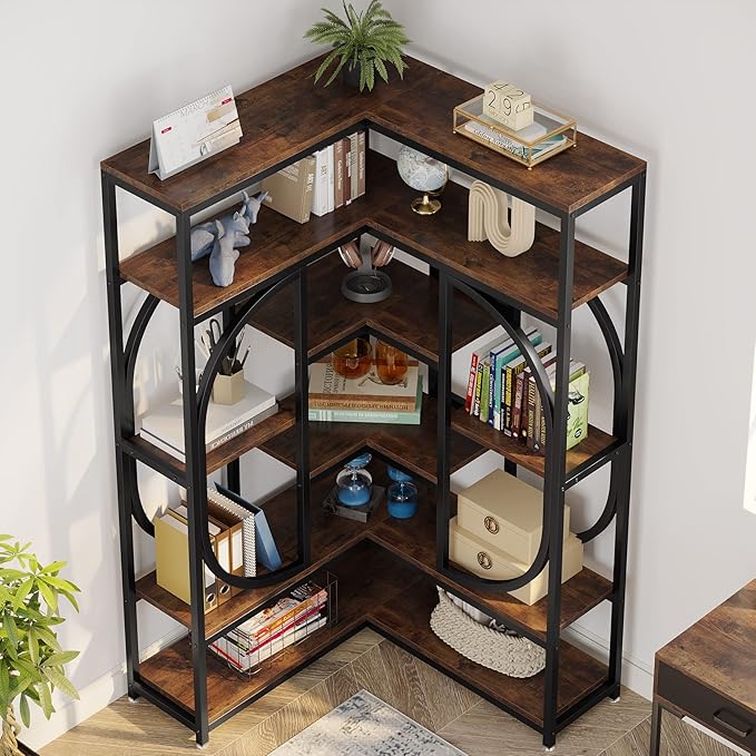LITTLE TREE Large Corner Bookshelf Industrial Bookcase for Living Room Home Office,Brown