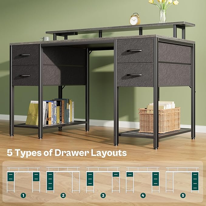 Huuger 55 inch Computer Desk with 4 Drawers, Gaming Desk with LED Lights & Power Outlets, Home Office Desk with Large Storage Space for Bedroom, Work from Home, Gray