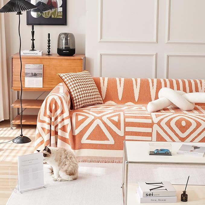 HANDONTIME Orange Sofa Covers for Couch Loveseat Covers Soft Chenille Couch Cover for Dogs Washable Furniture Protector with Tassel Solid Pet Couch Protector Thick, 71/'' X150/'', Tassel:orange