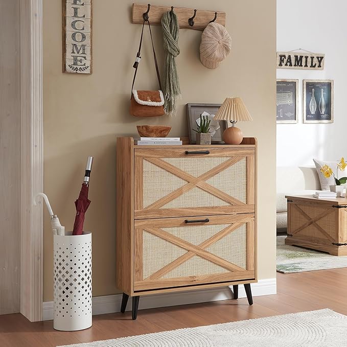 Shoe Storage Cabinet, Boho Shoe Organizer with 2 Flip Drawers & Rattan Design,Farmhouse Freestanding Hidden Slim Narrow Shoe Rack Cabinet for Entryway, Foyer,Hallway, Natural