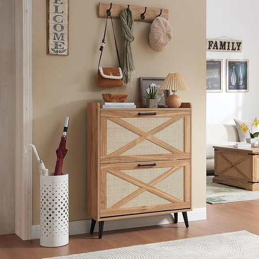 Shoe Storage Cabinet, Boho Shoe Organizer with 2 Flip Drawers & Rattan Design,Farmhouse Freestanding Hidden Slim Narrow Shoe Rack Cabinet for Entryway, Foyer,Hallway, Natural