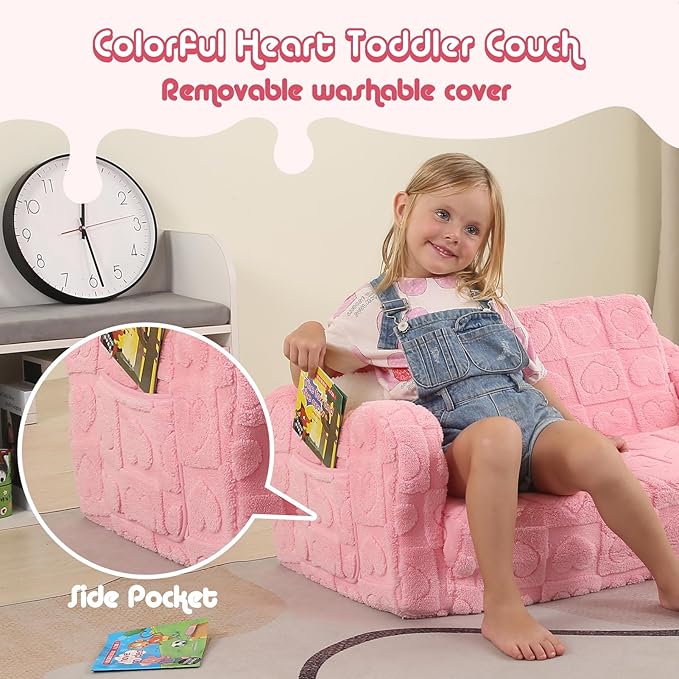 Extra Wider Seating Toddler Couch, 2-in-1 Toddler Soft Couch Fold Out with Star Pillow, Convertible Sofa to Lounger for Girls and Boys, Pink Heart