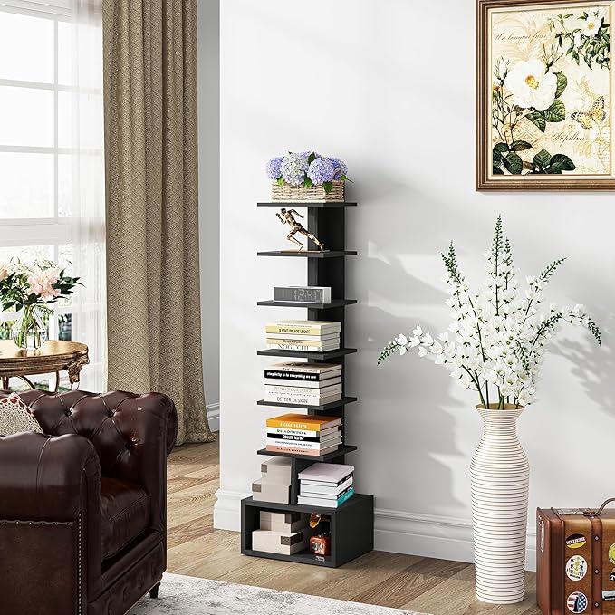 TUTOTAK Narrow Bookshelf, Vertical 8-Tier Bookcase, Spine Book Shelf for Small Space, Small Standing Shelf for Living Room, Office, Study, Entryway, Black BS07BK008