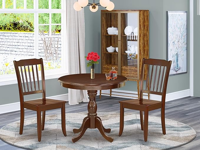East West Furniture AMDA3-MAH-W 3 Piece Dining Table Set for Small Spaces Contains a Round Kitchen Table with Pedestal and 2 Dining Chairs, 36x36 Inch, Mahogany