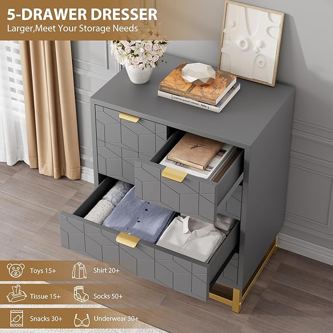 GAOMON Grey 5 Drawer Dresser for Bedroom, Chest of Drawers with Metal Base, Modern Dresser Chest Cabinet Organizer for Living Room, Hallway, Closet