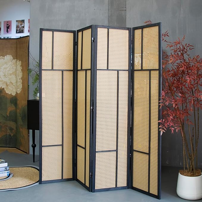 4 Panel Room Divider Screen and Folding Panel Screen,Double Sided Rattan Divider for Room Separation,Brown,67" H x 63" W