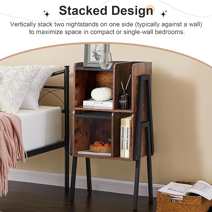 VECELO Nightstand Set of 2,Industrial Side End Table/Stackable Accent Furniture with 2-Tier Open Storage Compartments for Bedroom, Living Room and Small Spaces