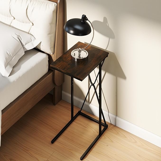 Manora TV Dinner Tray Table, C Shaped End Table for Couch, Rustic Brown Slide Under Couch Table for Small Space, Living Room or Bedroom
