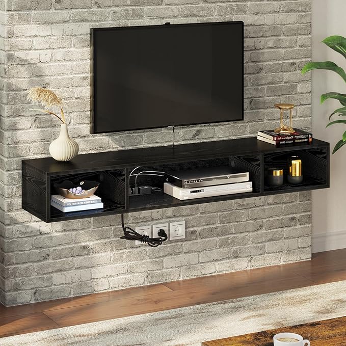 Rolanstar TV Stand with Power Outlet, Floating TV Stand with RGB Lights, 47.2" Wall Mounted TV Shelf, Black Media Console with Storage Shelf, Entertainment Under TV for Living Room, Bedroom