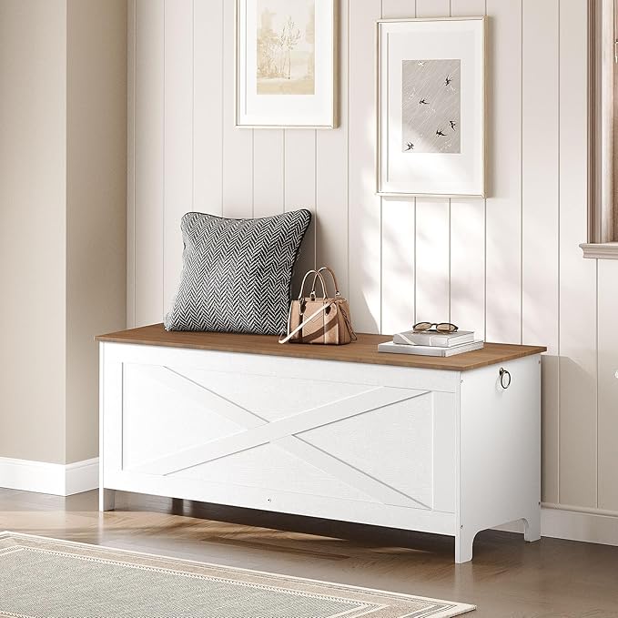 47.2" Toy Chest, Sturdy Entryway Storage Chest with Safety Hinge, Retro Toy Box, Wooden Look Accent Furniture for Living Room, Bedroom, White+Walnut SCBZ48801