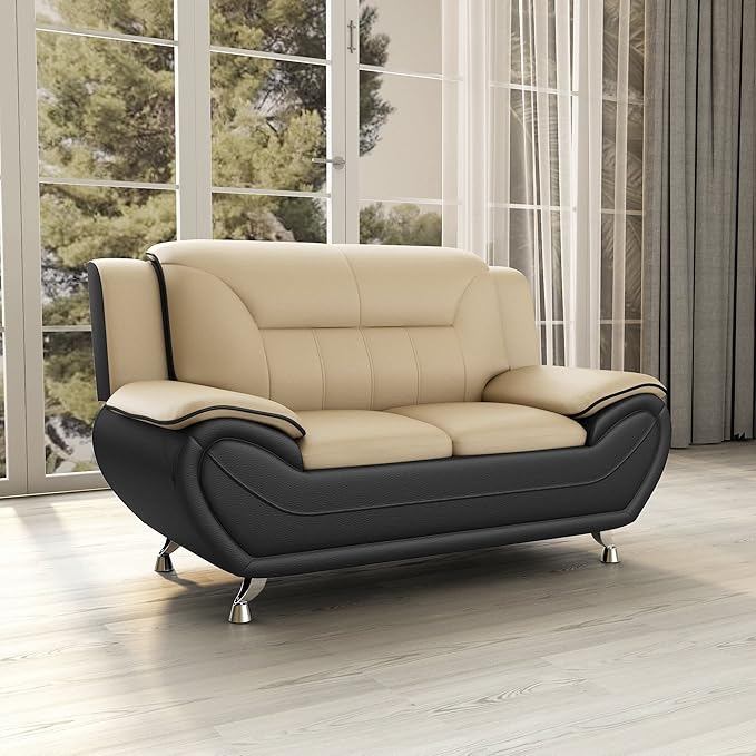 Container Furniture Direct Michael Modern Faux Leather Upholstered Stainless Steel Legs Living Room Sofa, Loveseat, Black Camel
