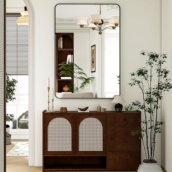 30 x 48 Inch Bathroom Mirror, Rounded Rectangular Vanity Mirror for Wall, Modern Mirror for Room Decor, Black Framed Wall-Mounted Mirrors for Home Decor, Hangs Horizontally or Vertically