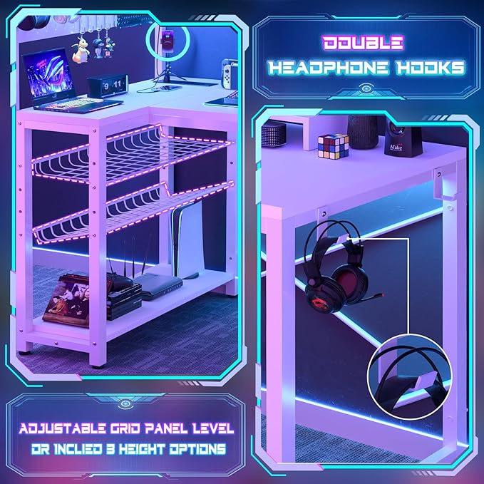 Homieasy Small Gaming Desk with Power Outlets Pegboard LED Light, 43 Inch L Shaped Computer Desk with Monitor Stand Storage Shelves, Reversible Corner Desk with Headset Hooks, White