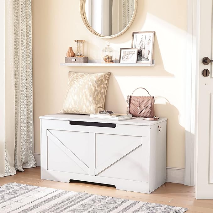 HOOBRO Storage Bench, 29.5” Retro Wooden Storage Chest with U-Shaped Cut-Out Pull, Safety Hinge, Supports 220 lb and Easy Assembly for Toy Box Organizer (White) WT77CW01