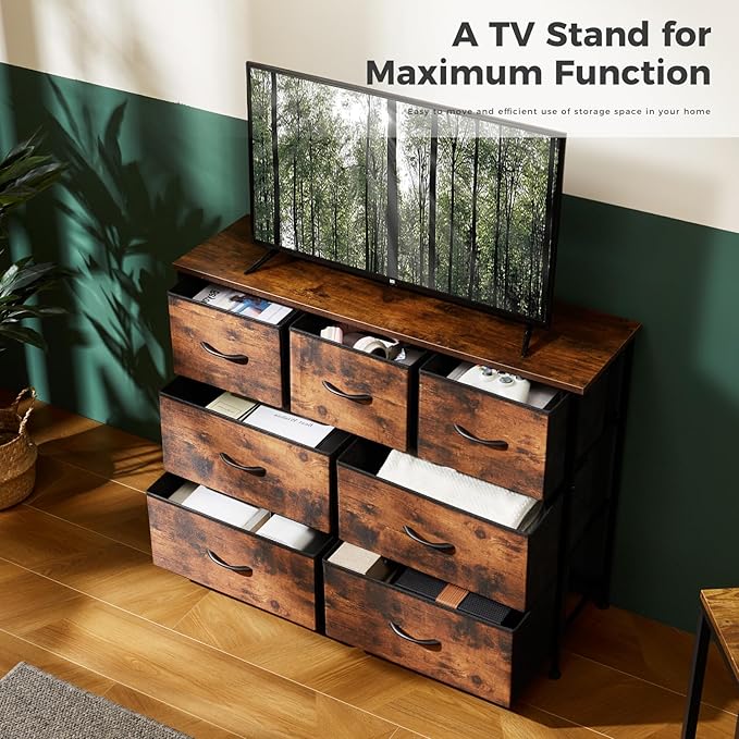DUMOS Dresser for Bedroom with 7 Drawers, Storage Organizer Units Furniture, Chest Tower TV Stand with Fabric Bins, Metal Frame, Wooden Top for Nursery, Living Room, Bedroom, Closet, Brown