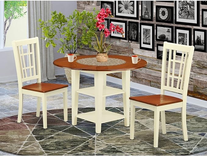 East West Furniture SUNI3-BMK-W 3 Piece Kitchen Table Set for Small Spaces Contains a Round Dining Room Table with Dropleaf & Shelves and 2 Dining Chairs, 42x42 Inch, Buttermilk & Cherry