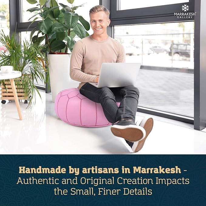 Marrakesh Gallery Genuine Leather Round Pouf Unstuffed - Moroccan Ottoman Footstool, Footrest Cover - Boho Decor - Bohemian Living Room, Bedroom, Kids Room, Gift & Wedding