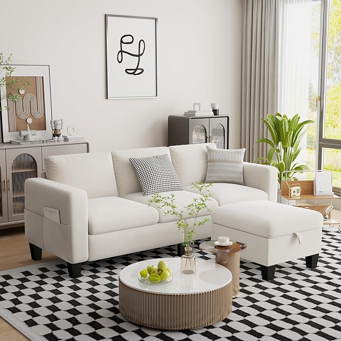 ZeeFu Convertible Sectional Sofa Couch, 3 Seat L-Shaped Sofa with Movable Ottoman, Modern Mocha Brown Velvet Linen Upholstered Small Sectional Sofa Couch for Small Space Apartment Living Room Office