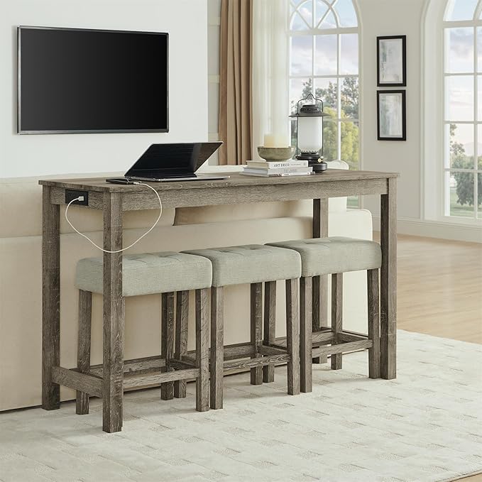 KEIKI 4-Piece Bar Table Set with Charging Station - 59" Industrial Kitchen Table & 3 Upholstered Stools, USB/Type-C/AC Outlets, Solid Wood Frame - for Dining Room, Apartment, Living Room (Brown)