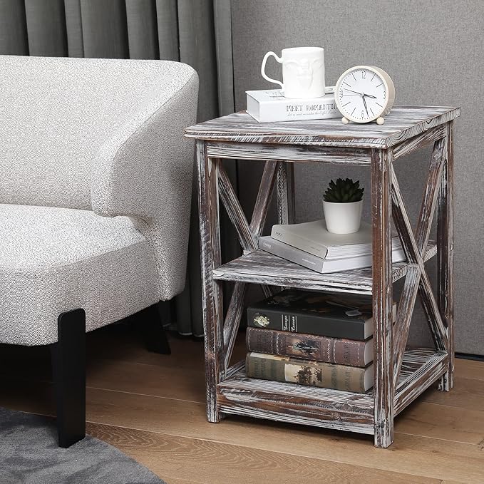 MyGift 24 Inch Tall End Table, Rustic Torched Solid Wood Living Room Accent Side Table with 3 Tier Display Shelf, Wooden X Design Bedroom Nightstand Square Storage Shelves