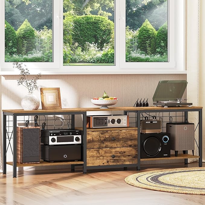 TV Stand with Power Outlet Up to 75 Inch, Entertainment Center with 2 Fabric Drawers, TV Console Table with Open Storage Shelves for TVs, Cable Management, for Living Room, Bedroom, DS18UBRY1