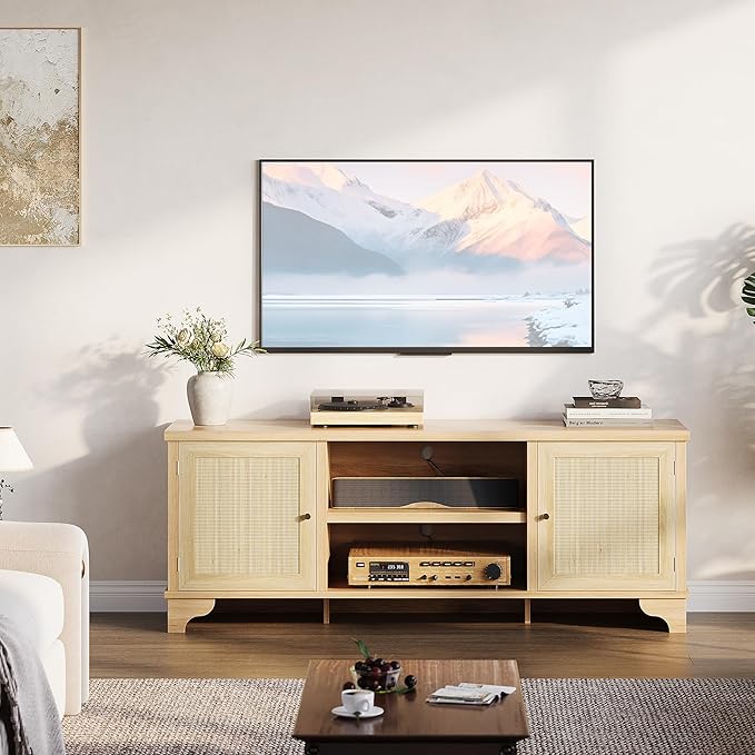 GarveeHome Rattan TV Stand for Living Room, Boho Entertainment Center for 55, 65, 70 Inch TV, Wooden Console Cabinet with Storage and Shelf, Natural Oak