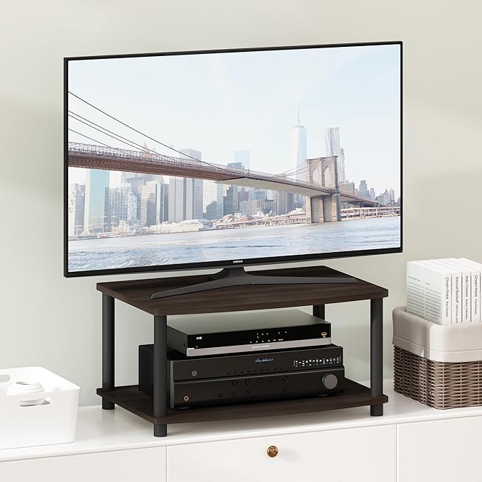 Furinno Turn-N-Tube 2-Tier TV Riser, Small Elevated No Tools TV Stand for TV up to 32 inch, 15.8" x 23.8" x 11", Dark Brown/Black