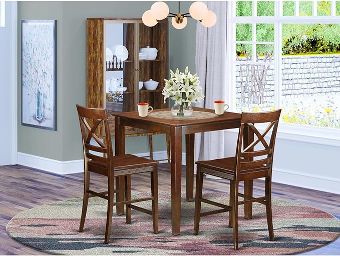 East West Furniture VNQU3-MAH-W 3 Piece Counter Height Pub Set for Small Spaces Contains a Square Dining Room Table and 2 Kitchen Chairs, 36x36 Inch, Mahogany