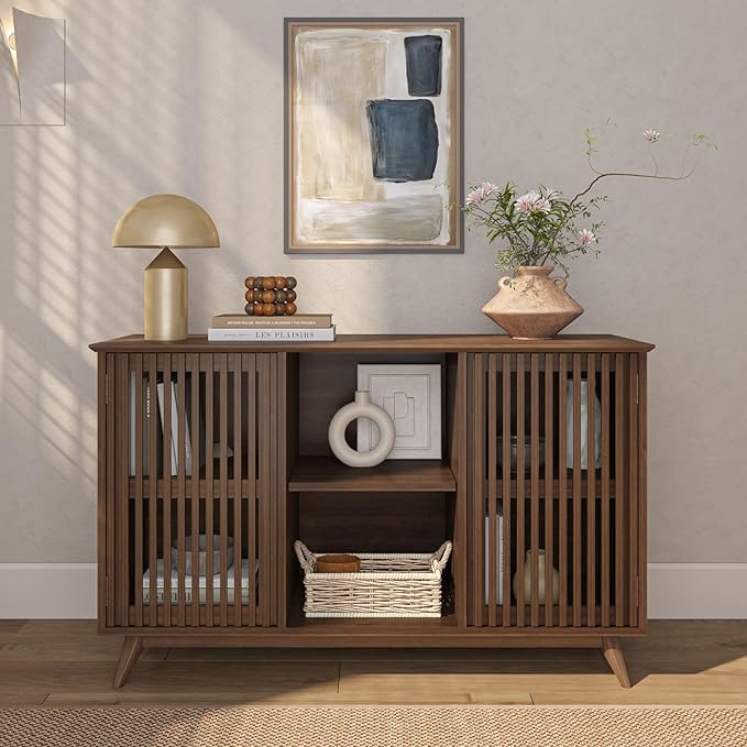 Plank+Beam Mid-Century Modern Wood TV Stand, Solid Wood Entertainment Console with Storage, 49" L x 16" W x 30" H, Walnut