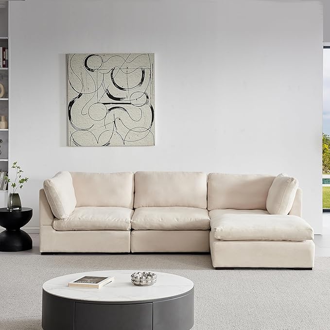 Modern L-Shaped Sectional Sofa with Chaise Lounge Furniture Set , Minimalist Style Comfy Chenille Upholstery Corner Couch with Throw Pillows ,Free Combination Convertible Sofa&Couches for Living Room