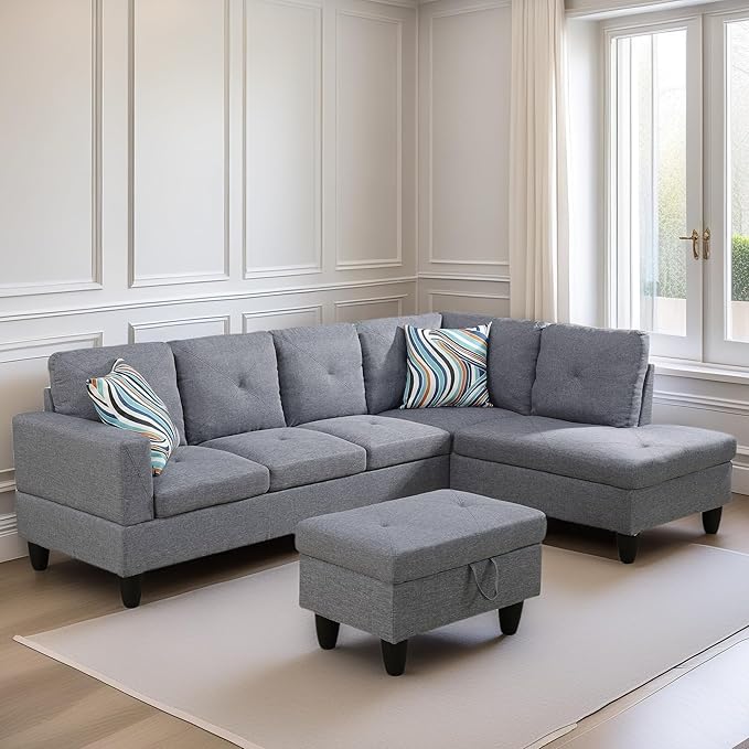 L Shaped Sectional Couch Sofa, Modern Couches for Living Room, Comfy 4 Seat Modular Sectional Sofa with Ottoman Storage for Bedroom Apartment, Gray