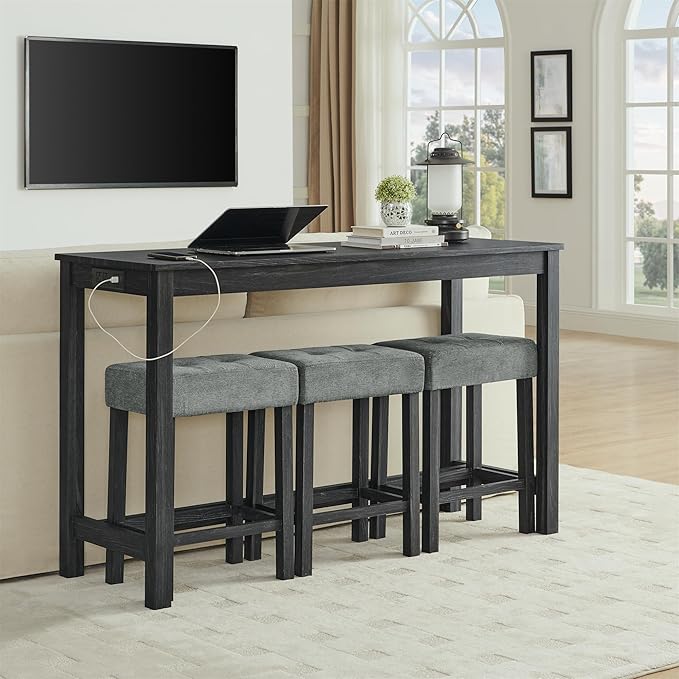 KEIKI 4-Piece Bar Table Set with 3 Upholstered Stools, Industrial Dining Bar Table and Chairs Set with Power Outlet, Rectangular Kitchen Table, Black