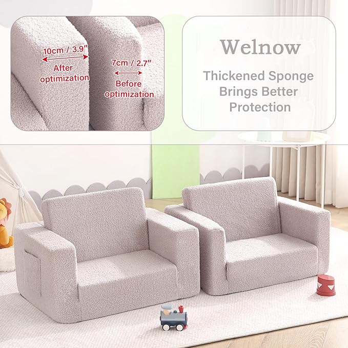 Welnow Toddler Chair, 2-in-1 Soft Sherpa Kids Sofa, Convertible Toddler Couch Lounger, Flip Out Kids Couch Chair with Side Pockets & Removable Cover for Girls and Boys, Grey