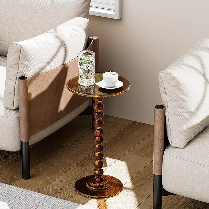 Acrylic Side Table, End Table Round Top with Solid Post for Living Room, Bedroom, Balcony, Easy Assembly (Clear) (Pedestal, Dark Brown)