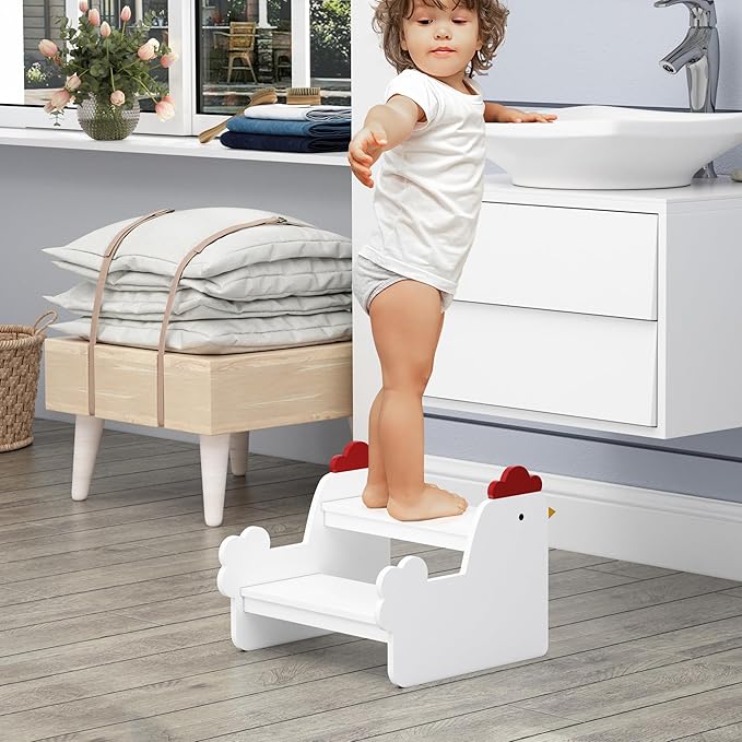 Wood Step Stools for Kids, Child Two Step Stool of Chick Shape, Toddler Step Stools Potty Training Stool, Easy to Move Safety for Kitchen, Bathroom, Bedroom, Toilet