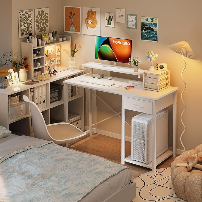 Computer Desk with Adjustable Monitor Stand, 39.4 in Small Desk with Reversible Storage Shelves, Office Desk with Spacious Desktop Spaces for Home Bedroom Workstation, White