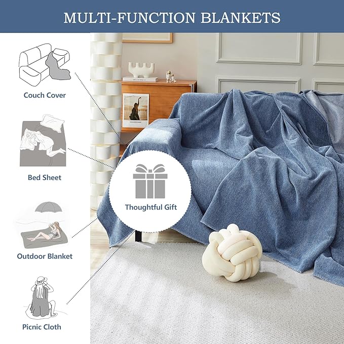 STACYPIK Durable Simple Blue Sofa Cover for Pets Kids Textured Herringbone Chenille Couch Covers for 3 Cushion Couch L Shape Couch Cover Versatile Protector Cover Multi-Use Blanket Washable-91X134IN