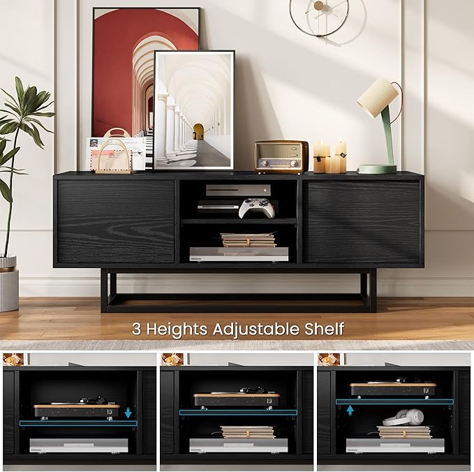 HAIOOU TV Stand for 50 55 Inch TV, Modern TV Console Small Entertainment Center with Sturdy Metal Base, Push-to-Open Doors and Soft-Close Hinges for Living Room, Bedroom - Wood Grain Black