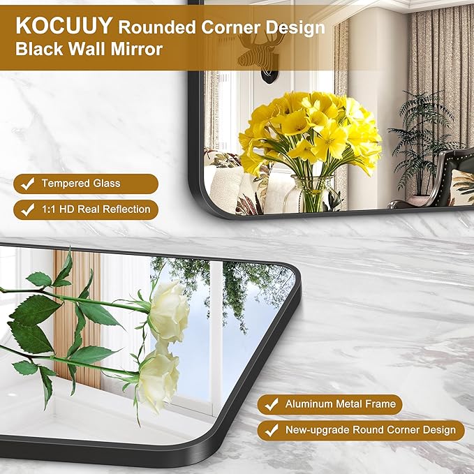 KOCUUY Black Rectangle Mirror, 20" x 48" Metal Frame Mirror with Rounded Corner, Classic Design of Upgraded Shatterproof Glass for Bathroom, Bedroom, Living Room, Entryway