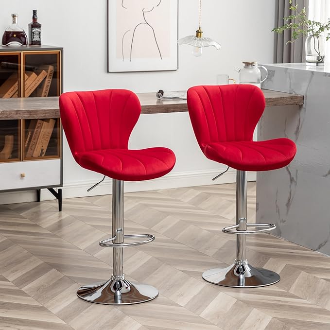 Roundhill Furniture Ellston Velvet Adjustable Swivel Barstools in Red, Set of 2