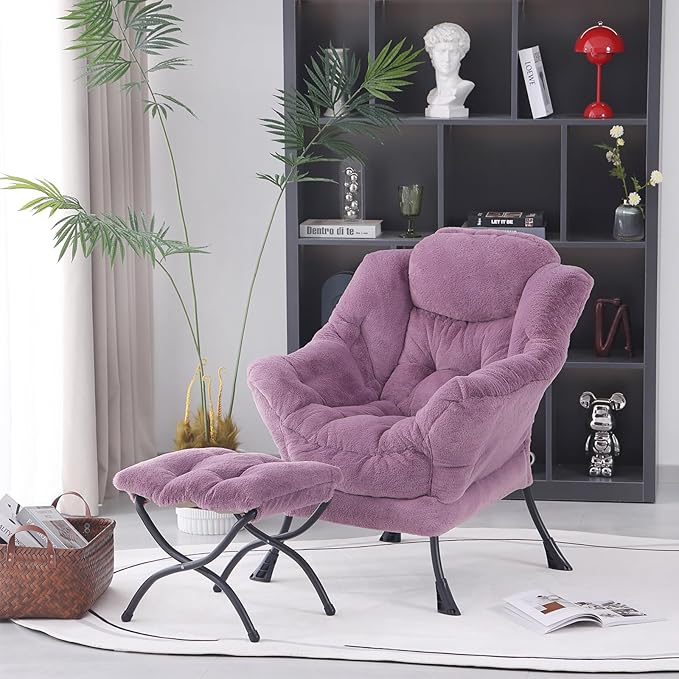 Lazy Chair with Folding Ottoman, Modern Accent Lounge Armchair with Armrests and a Side Pocket & Foldable Footstool, Leisure Reading Chair for Living Room, Bedroom, Dorm & Office, Plush Purpl